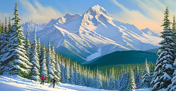 A scenic winter landscape in the Cascade Mountains with skiers on slopes and tall, snow-covered trees.