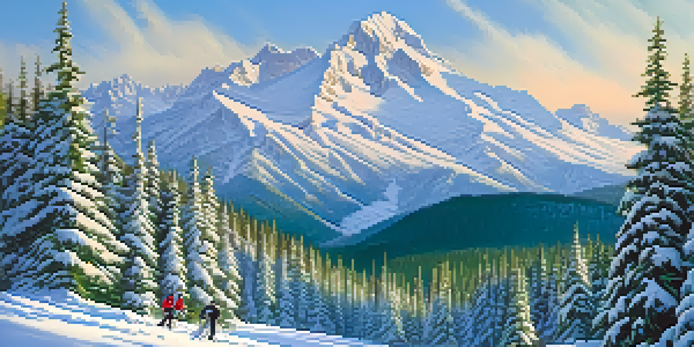 A scenic winter landscape in the Cascade Mountains with skiers on slopes and tall, snow-covered trees.