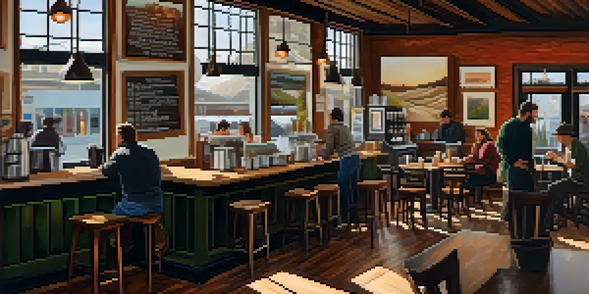 Interior of a cozy Seattle coffee shop with patrons enjoying coffee, large windows, and local art on the walls.