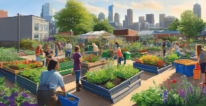 A community garden in Seattle with residents composting, surrounded by plants and flowers under warm sunlight.