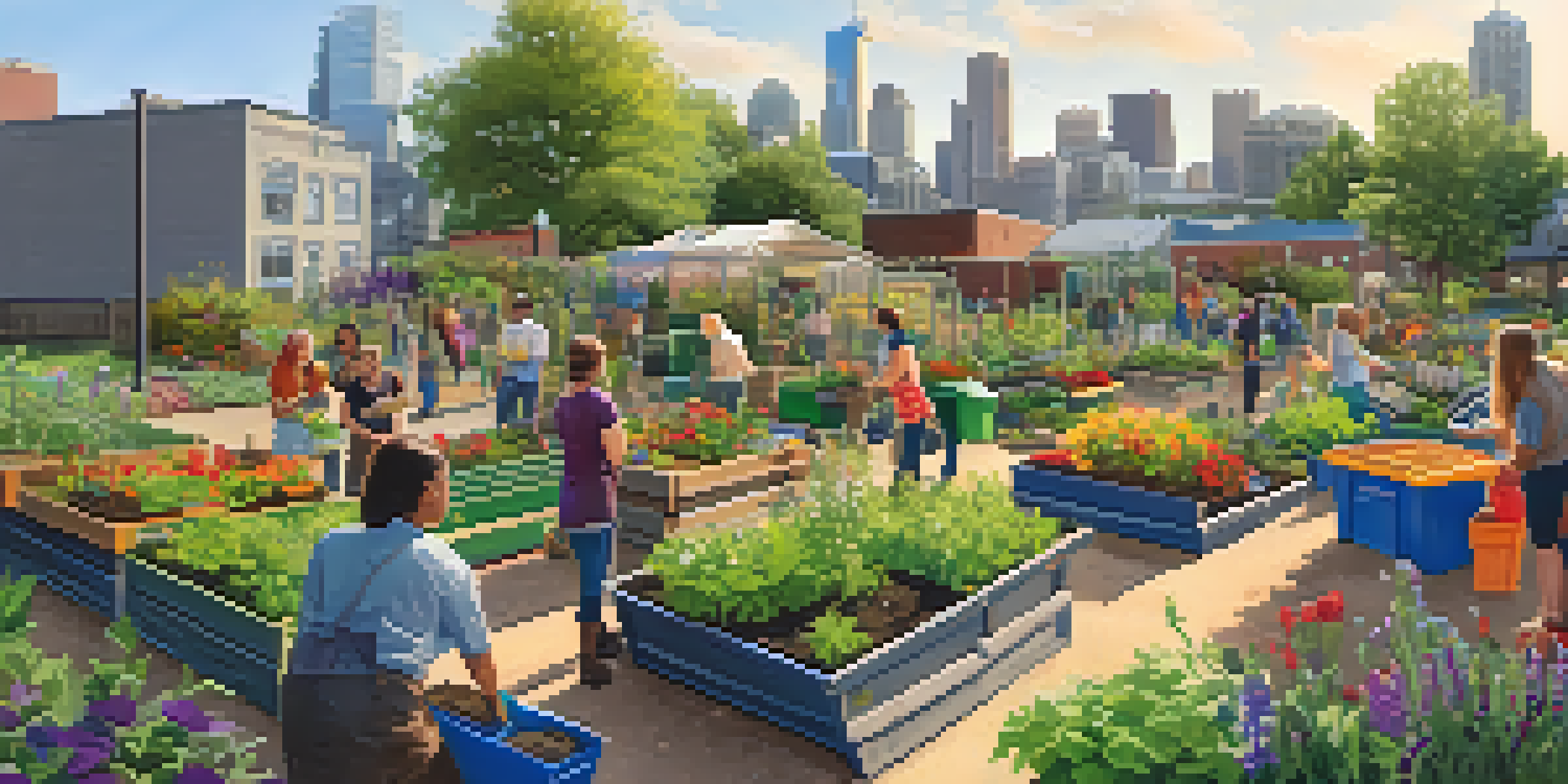 A community garden in Seattle with residents composting, surrounded by plants and flowers under warm sunlight.