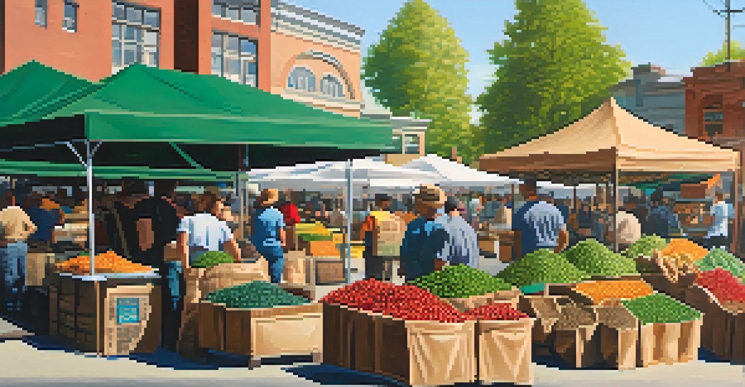 A lively Seattle farmer's market with fresh coffee beans and farmers engaging with customers, surrounded by greenery.