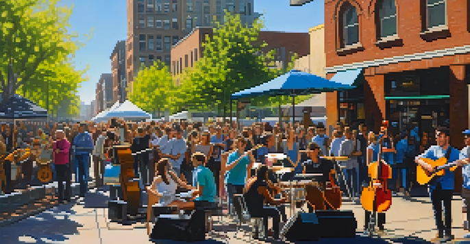 A lively street performance in Seattle with musicians and audience, featuring urban art and bright sunlight.