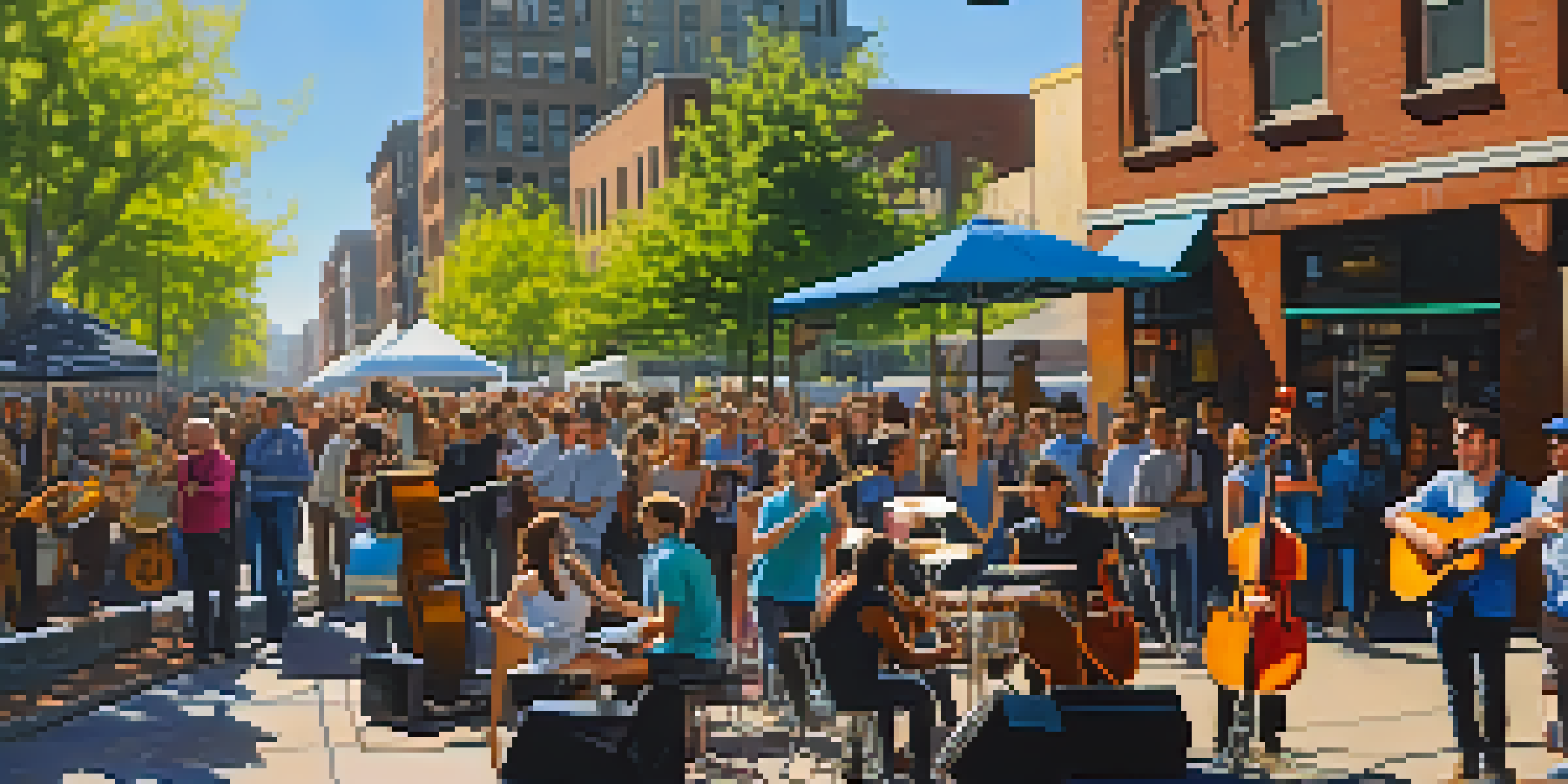 A lively street performance in Seattle with musicians and audience, featuring urban art and bright sunlight.