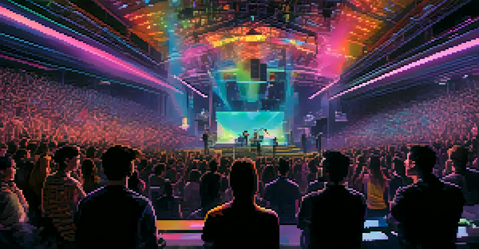 A futuristic concert in Seattle with a band performing and augmented reality visuals, captivating an engaged audience.