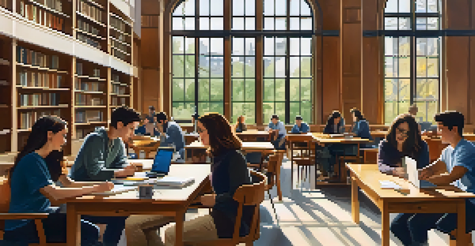 Students studying together at a bright and inviting table in a university study area, with books and laptops around them.