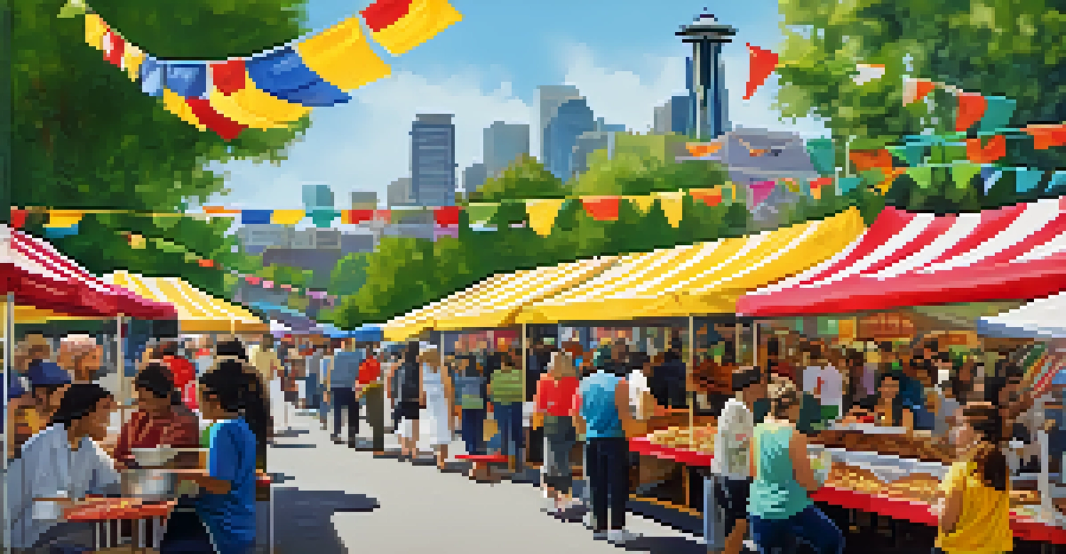 A food festival scene in Seattle with various food stalls and diverse visitors enjoying different cuisines.