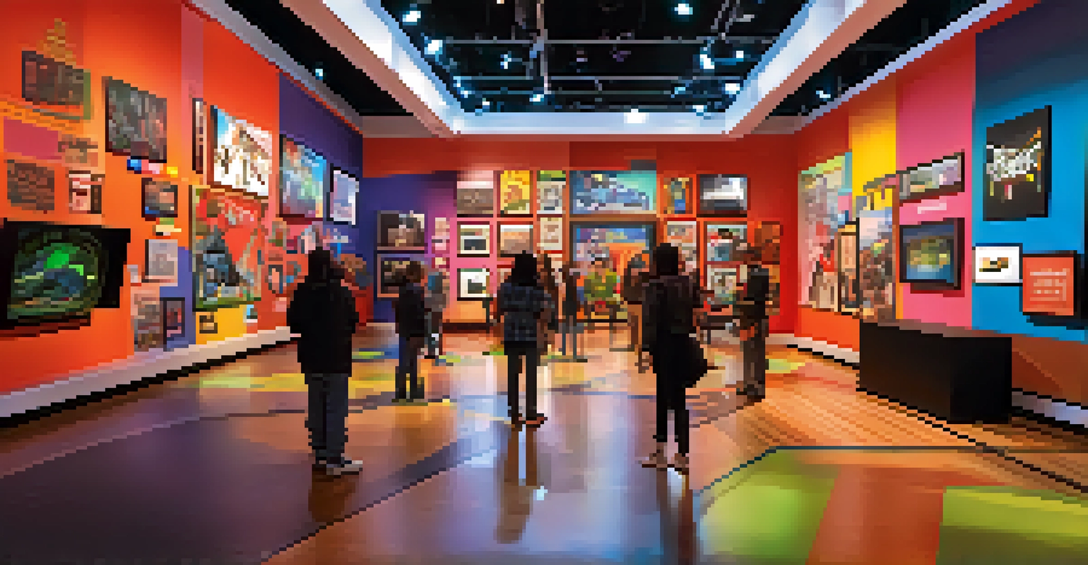 Inside the Museum of Pop Culture in Seattle, showcasing interactive music and gaming exhibits with colorful lighting.