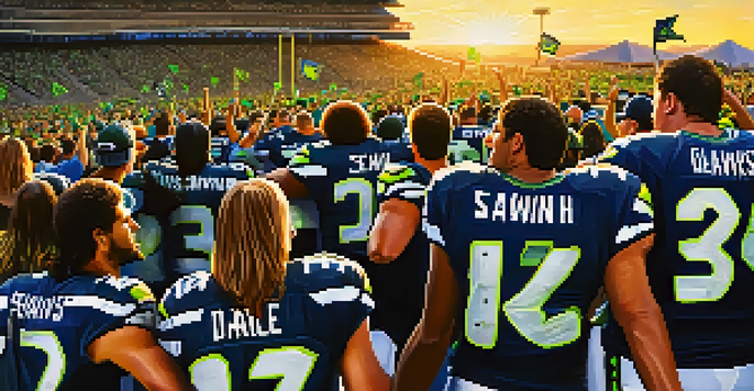 A crowd of enthusiastic Seattle Seahawks fans in blue and green jerseys cheering at Lumen Field during sunset.