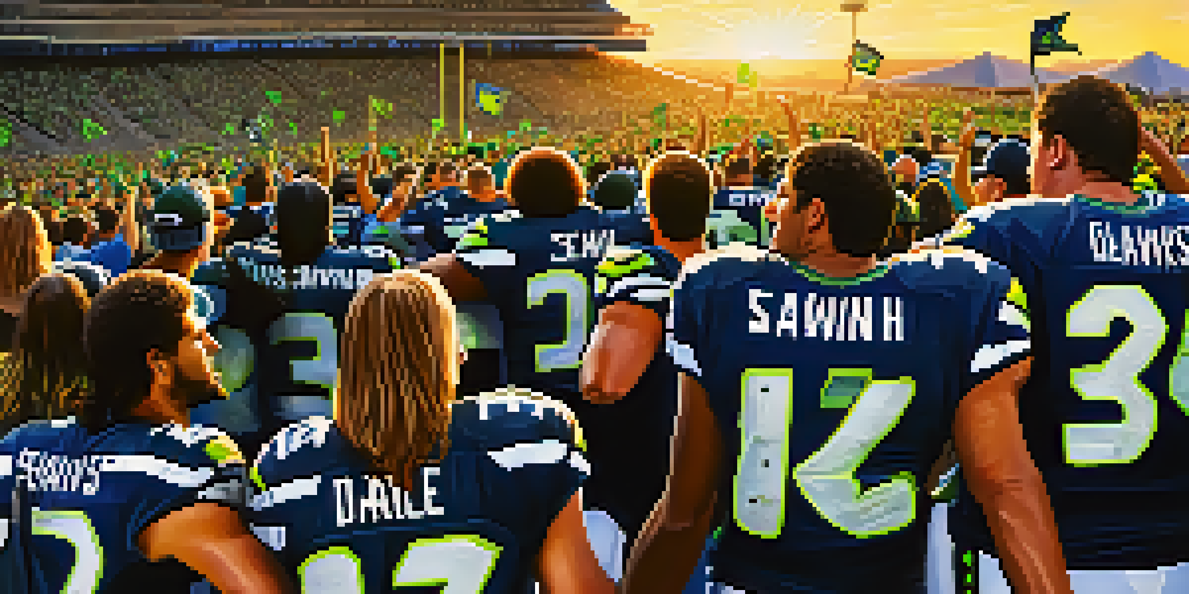 A crowd of enthusiastic Seattle Seahawks fans in blue and green jerseys cheering at Lumen Field during sunset.