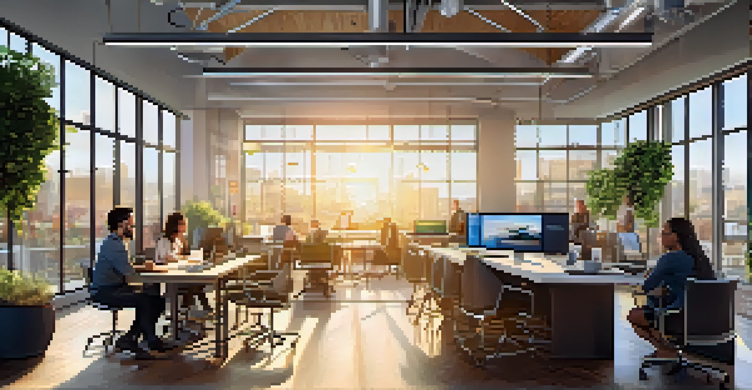 A modern tech workspace in Seattle with collaborative areas, high-tech screens, and diverse teams working together in sunlight.