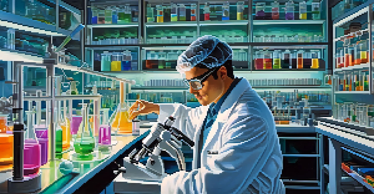 A scientist in a biotechnology lab in Seattle, examining a microscope with colorful liquids and advanced lab equipment around.