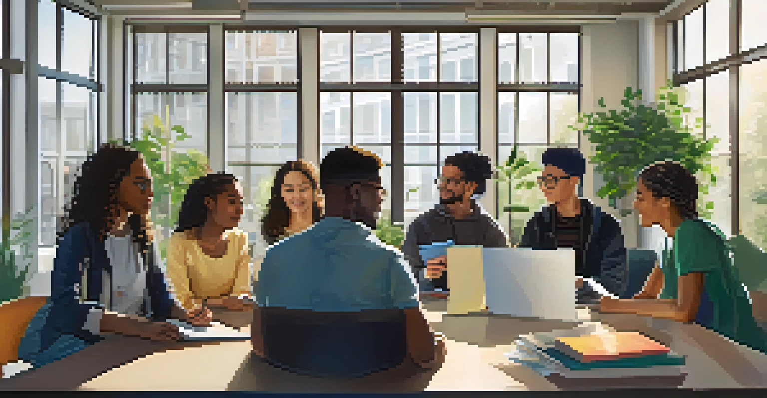 A group of university students of different backgrounds collaborating on a project at a bright, modern workspace.