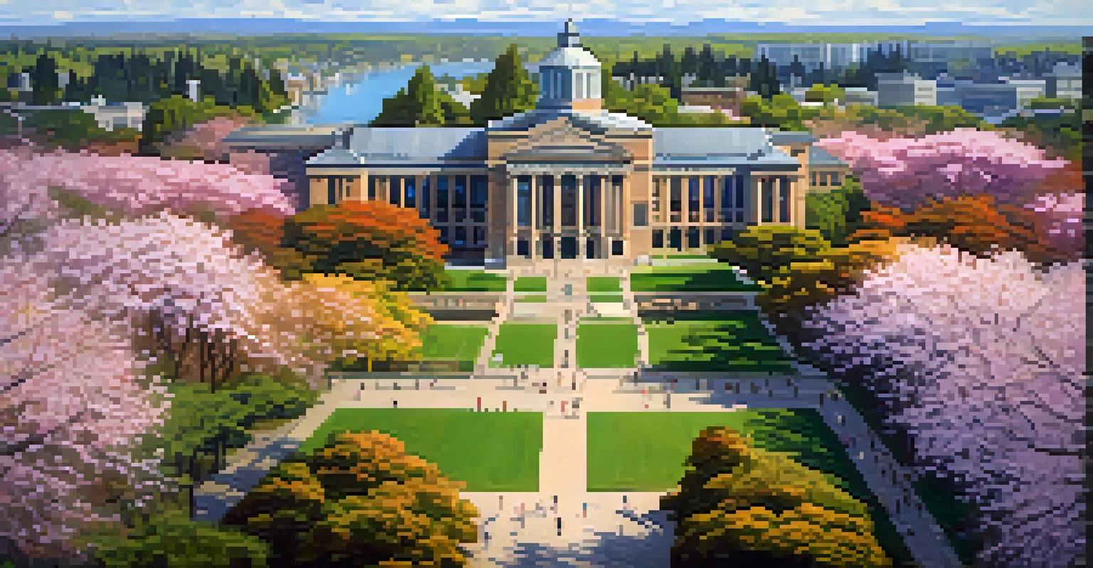 Aerial view of the University of Washington campus in spring, with cherry blossom trees and iconic buildings under a sunny sky.