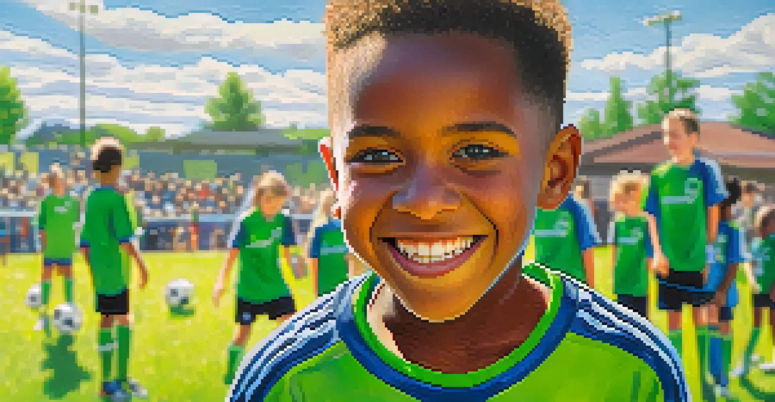 A young soccer player in a Seattle Sounders jersey smiling with diverse teammates on a sunny soccer field.