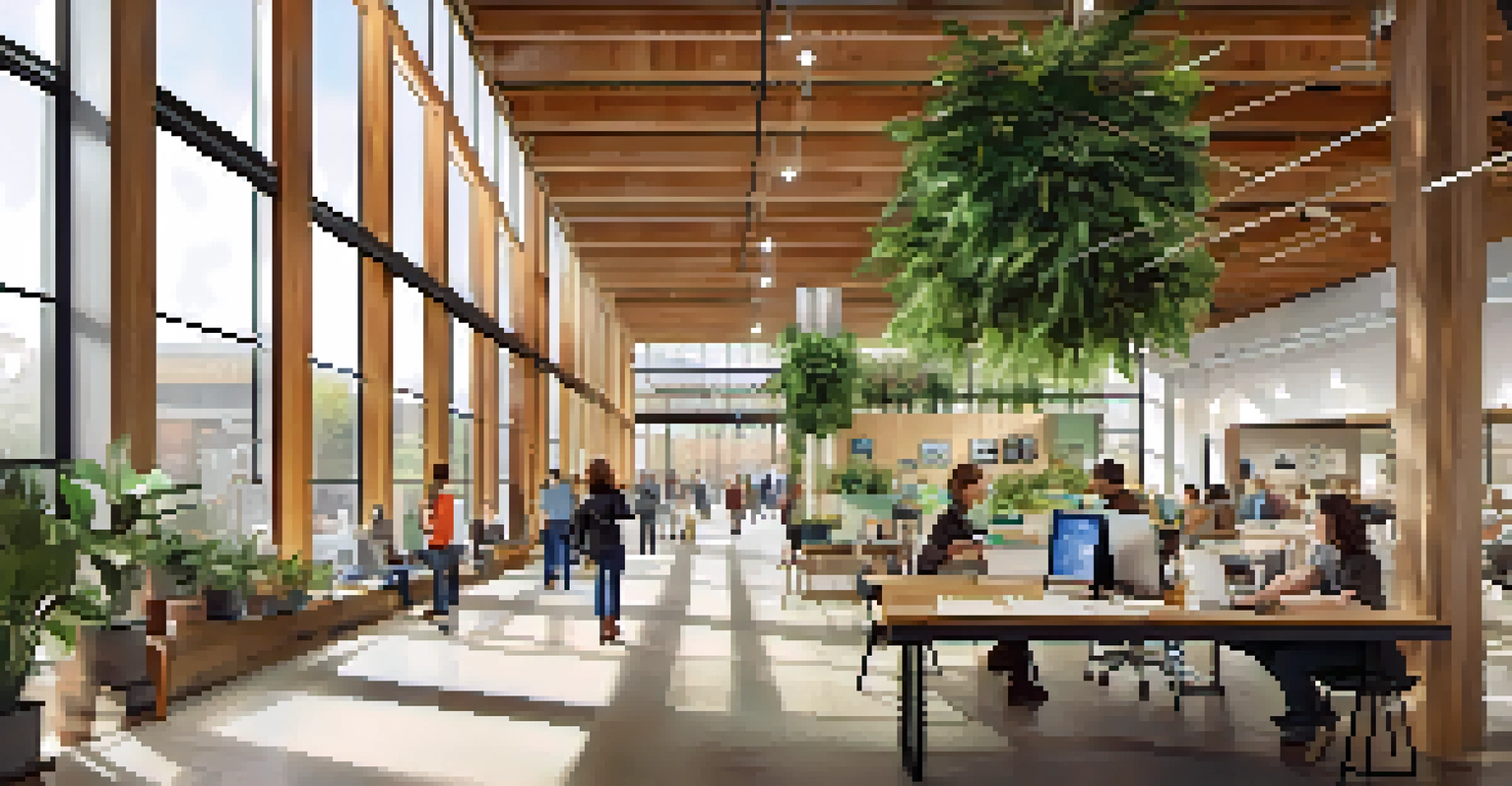 An inviting interior of the Bullitt Center with natural light, wooden structures, plants, and people working together.