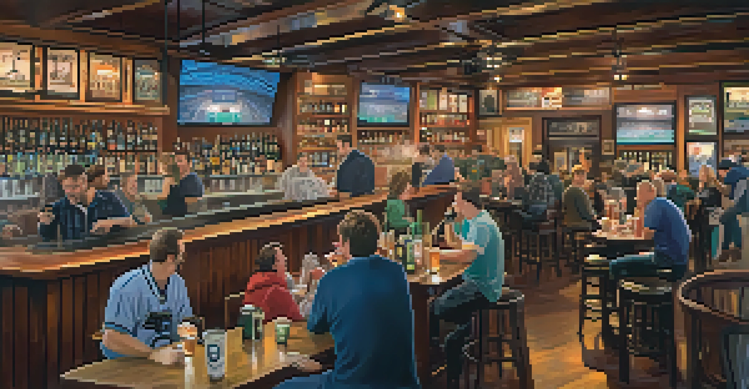 Interior of a neighborhood bar in Seattle filled with fans watching a Kraken game, decorated with team memorabilia and serving local craft beers.