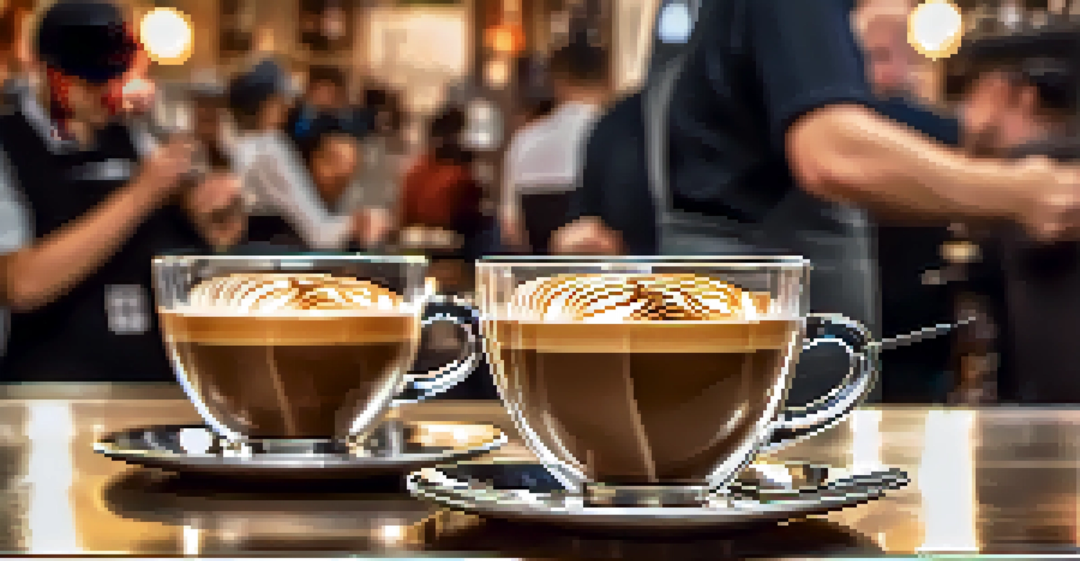 A barista competing in a latte art competition with a focused expression and intricate designs on the coffee.