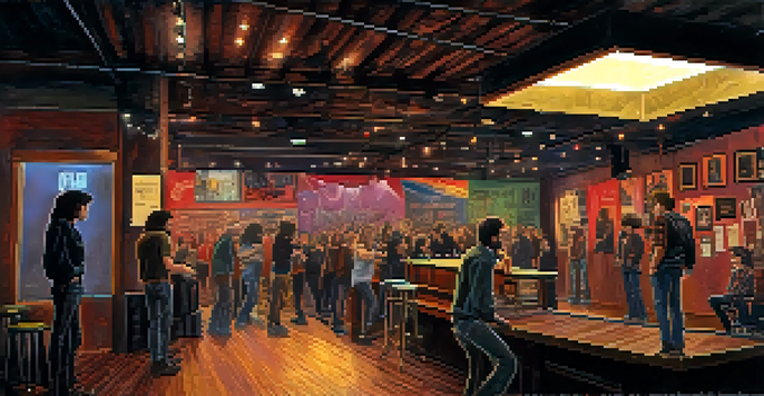 A small Seattle music venue from the late 1980s, showcasing a grunge band on stage with an audience of young adults in casual attire. Rain is visible outside, enhancing the venue's ambiance.