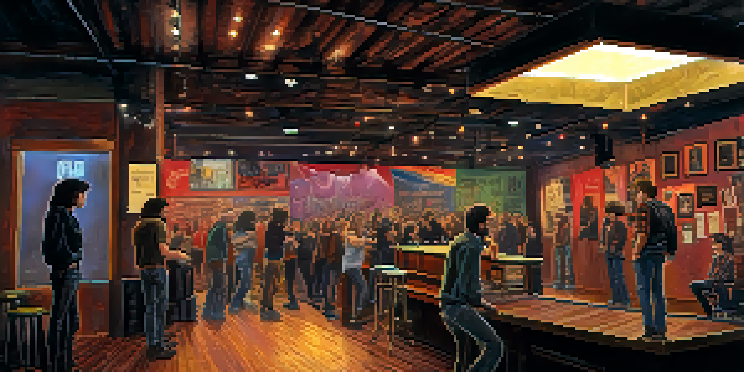 A small Seattle music venue from the late 1980s, showcasing a grunge band on stage with an audience of young adults in casual attire. Rain is visible outside, enhancing the venue's ambiance.