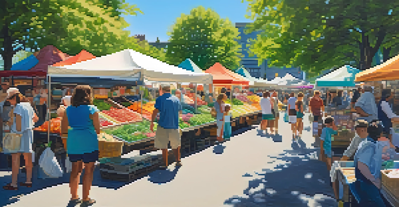 A bustling outdoor market in Seattle with colorful stalls and people enjoying summer activities.