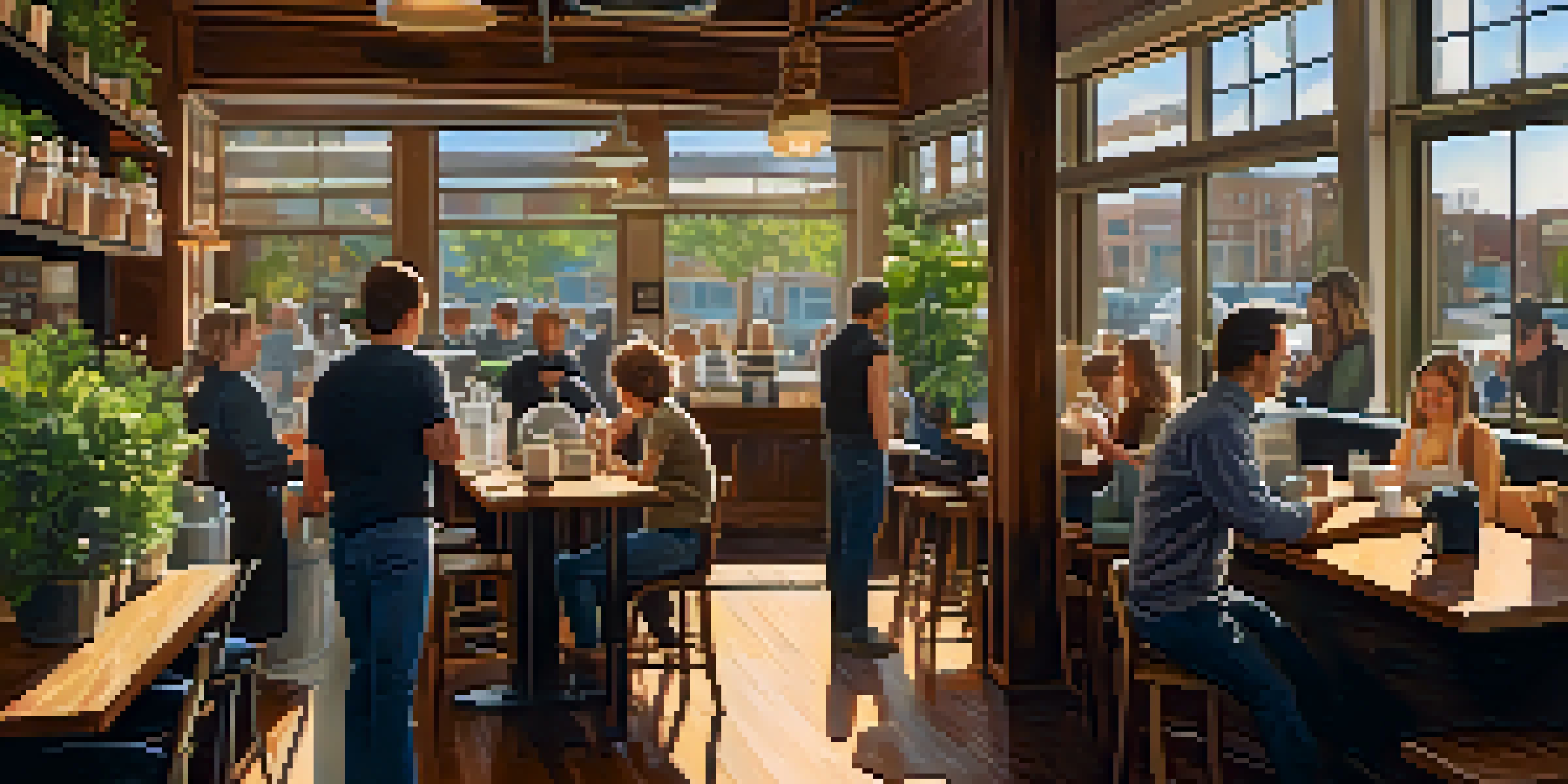 A vibrant Seattle coffee shop with a barista making coffee, sunlight filtering through windows, and customers enjoying their time.