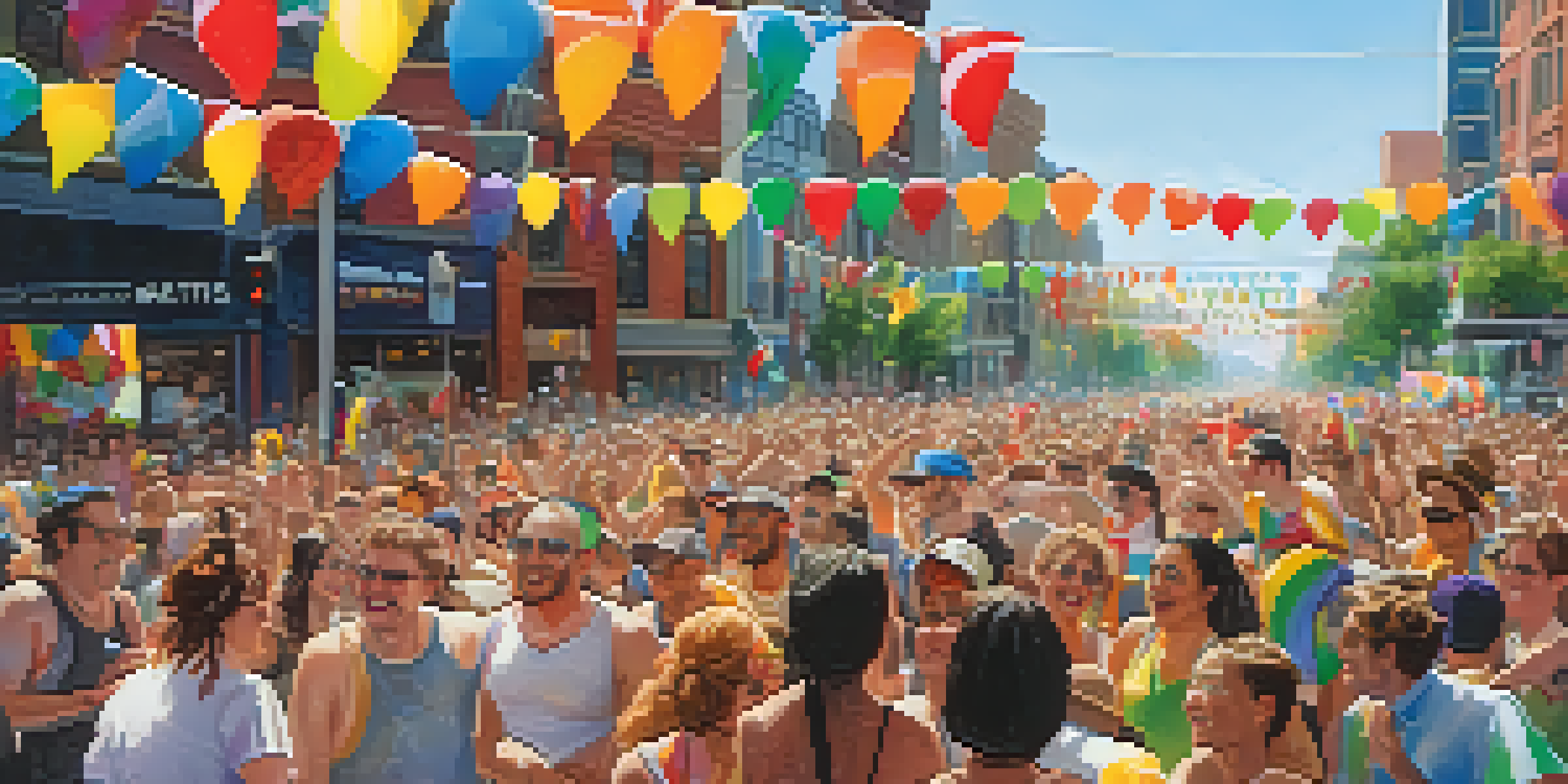 A colorful celebration of the LGBTQ+ community at Seattle's Pride Parade, showcasing joyful participants and vibrant floats.