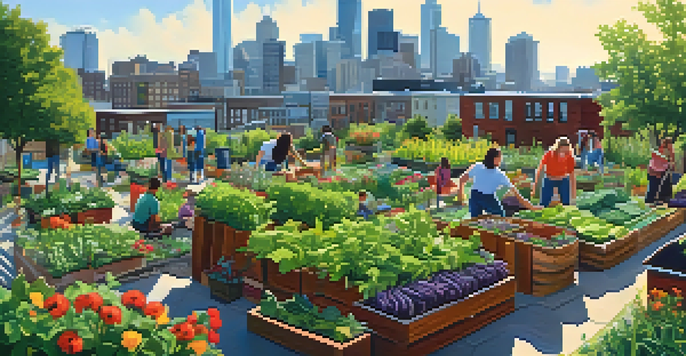 A diverse group of people working together in a colorful community garden in Seattle, surrounded by fresh vegetables and flowers, with a city skyline in the background.