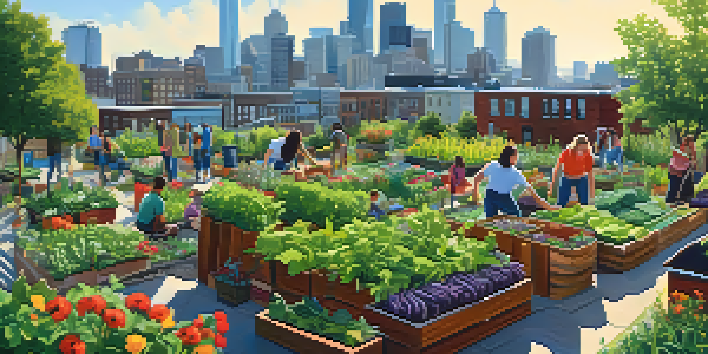 A diverse group of people working together in a colorful community garden in Seattle, surrounded by fresh vegetables and flowers, with a city skyline in the background.