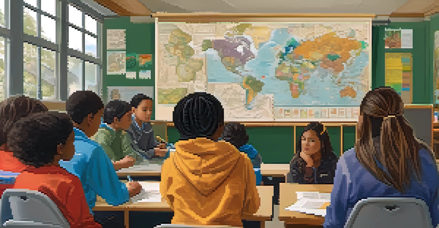 A diverse classroom in Seattle with students discussing cultural topics, surrounded by educational materials.
