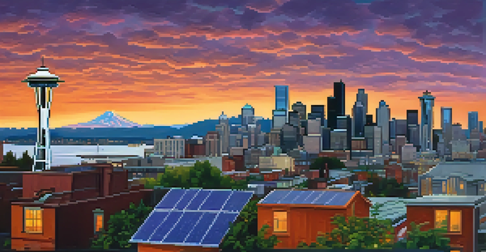 A panoramic view of Seattle's skyline at sunset with solar panels on rooftops and a community garden in the foreground.