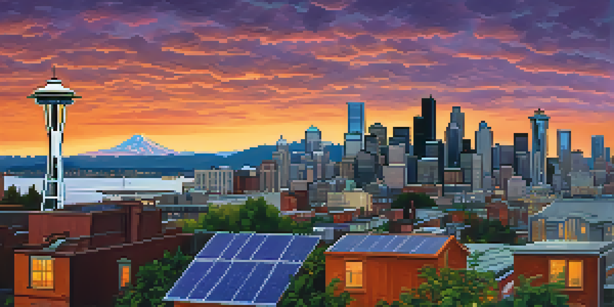 A panoramic view of Seattle's skyline at sunset with solar panels on rooftops and a community garden in the foreground.