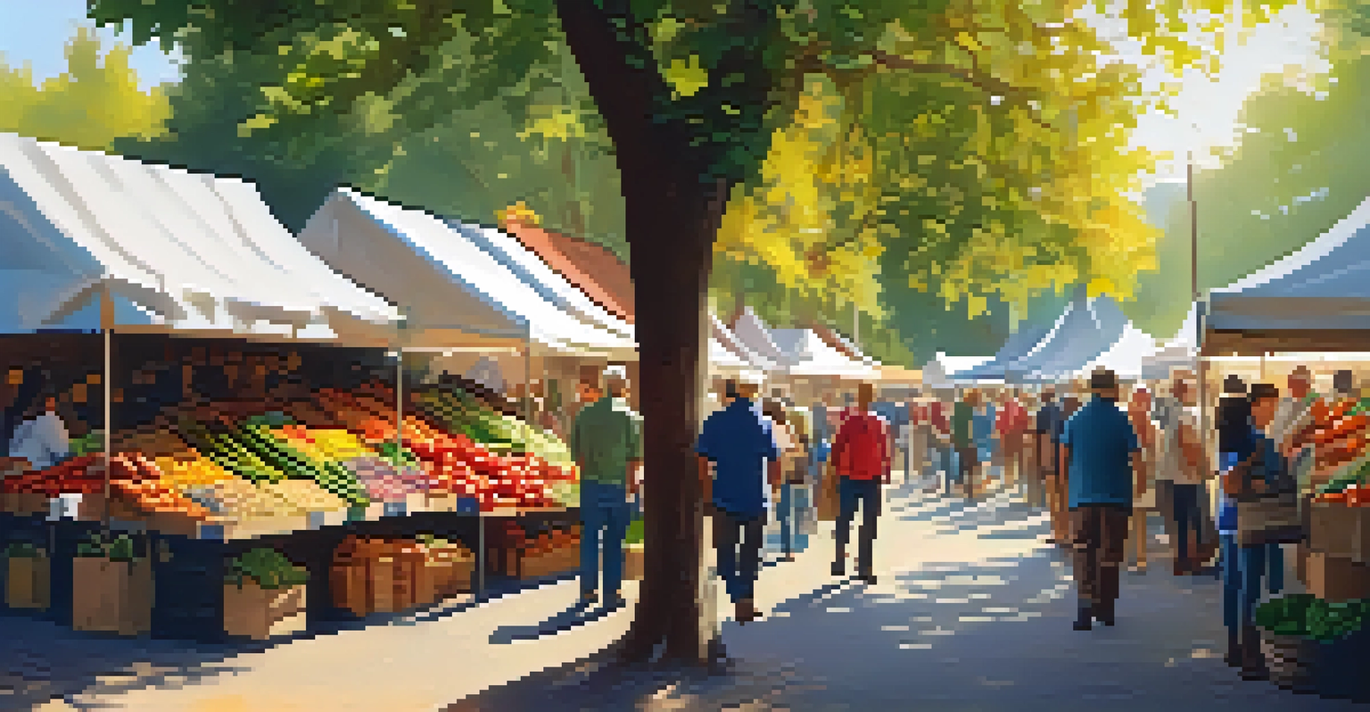 A lively farmers market with colorful stalls and people interacting with local farmers.
