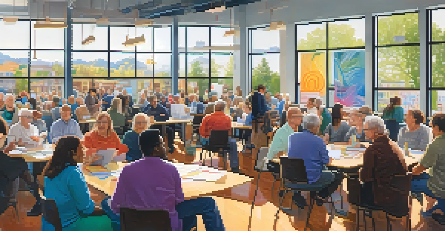 A community forum in Seattle with diverse residents engaged in discussions, surrounded by colorful posters and bright natural light.