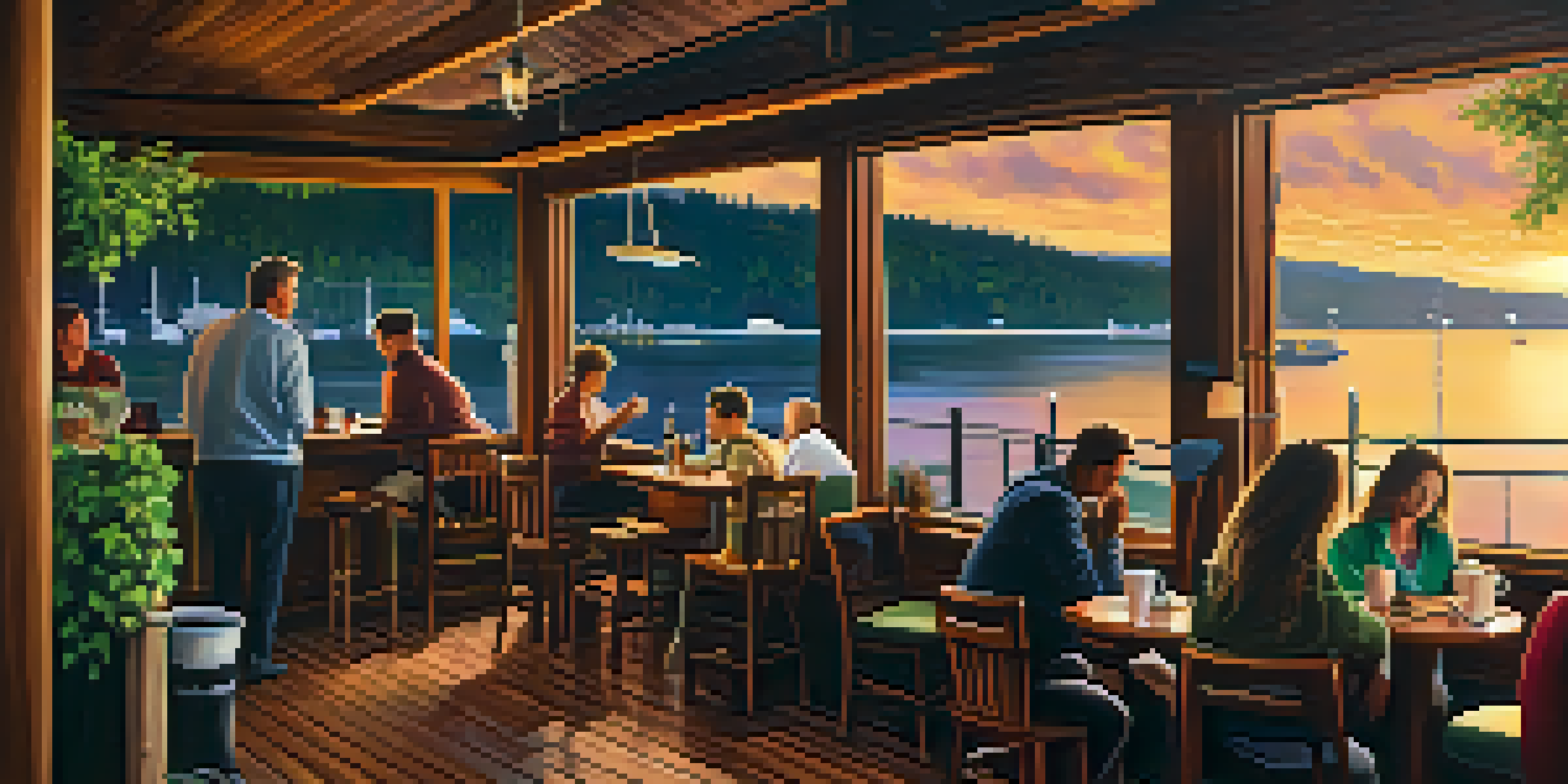 A cozy coffee shop with a view of Puget Sound at sunset, featuring patrons enjoying coffee and a scenic waterfront.