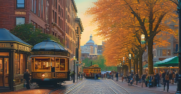 A scenic view of Pioneer Square with Smith Tower and autumn leaves.