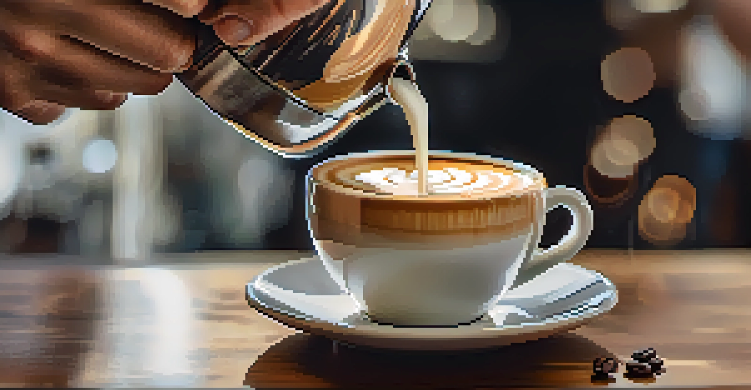 Close-up of a barista pouring steamed milk into a cup of espresso, showcasing latte art.