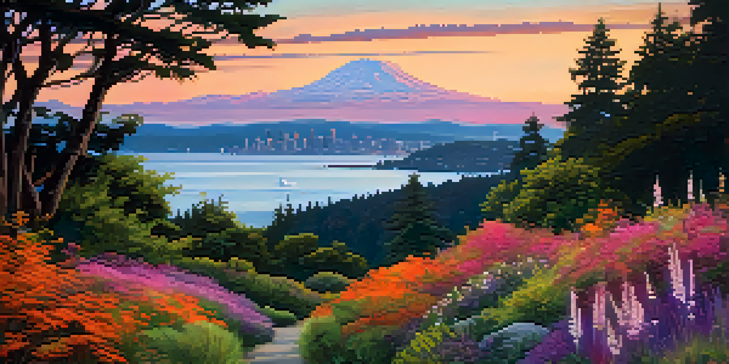 A tranquil sunset view at Discovery Park in Seattle, with colorful skies, lush native plants, and the Puget Sound in the background.