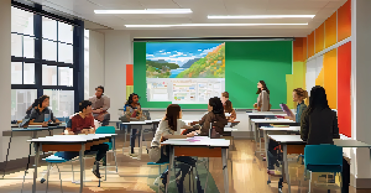 A modern university classroom in Seattle with students collaborating and using technology.