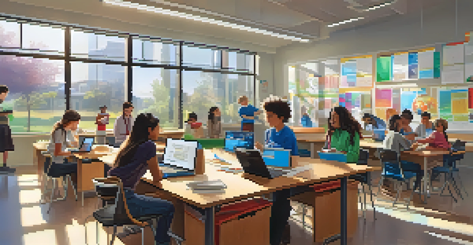 A diverse group of students working together on a technology project in a bright classroom with modern educational tools.