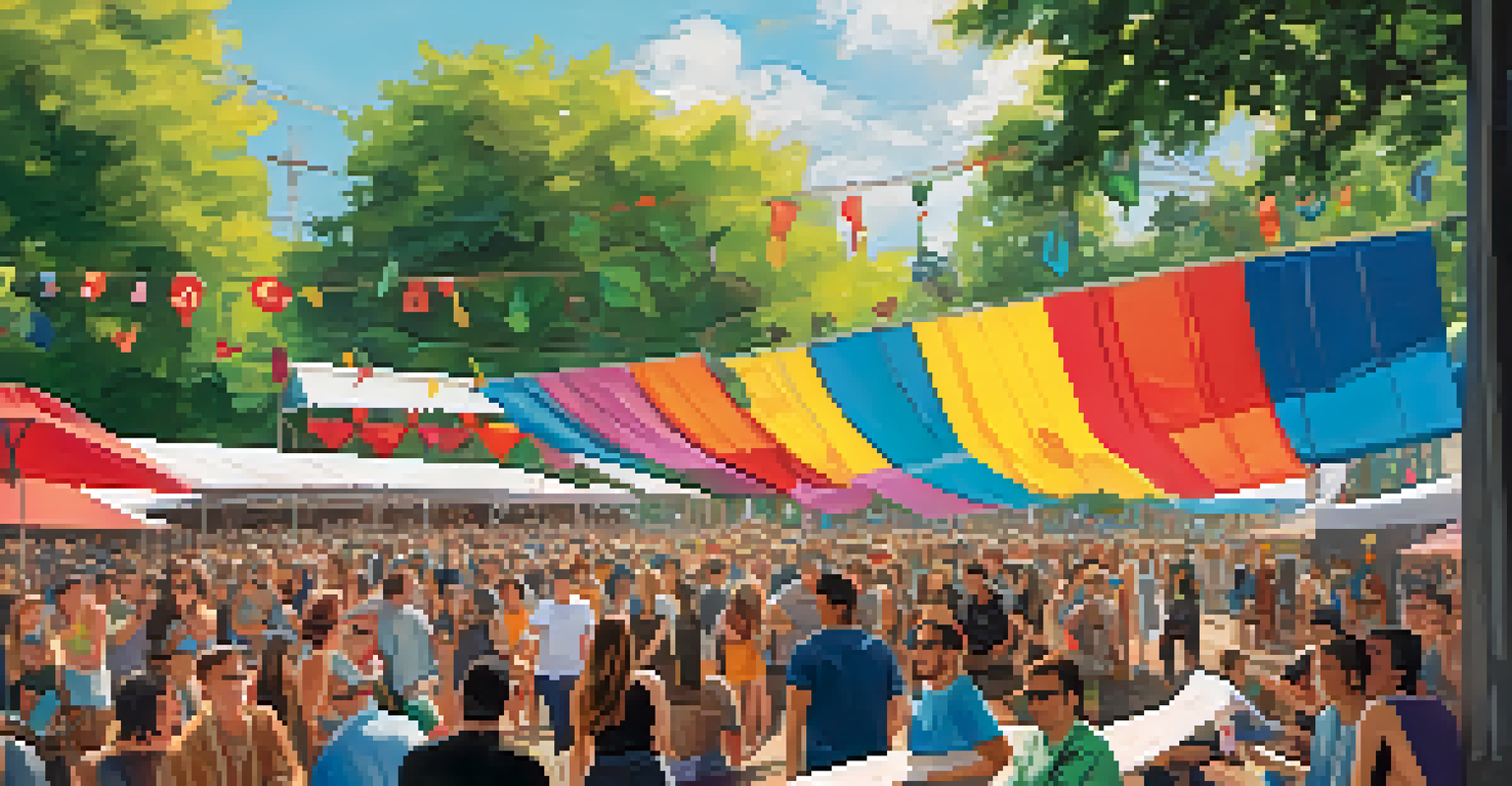 A bustling outdoor festival scene with live music performances, enthusiastic crowds, and vibrant art displays during the Bumbershoot Festival.