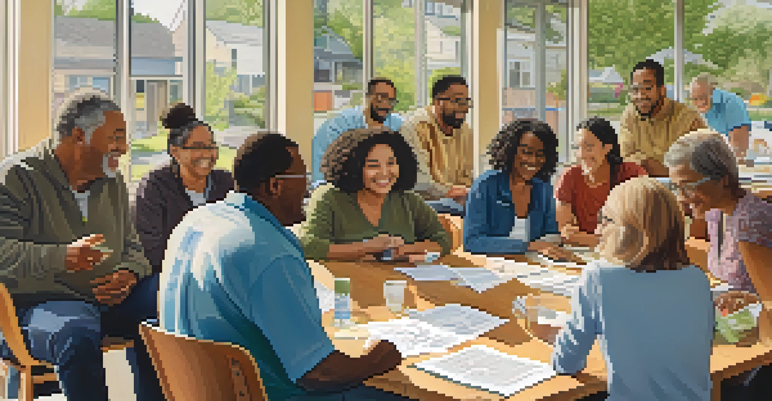 A community forum in Seattle with diverse residents discussing climate action, featuring posters on environmental initiatives and a warm, inviting atmosphere.