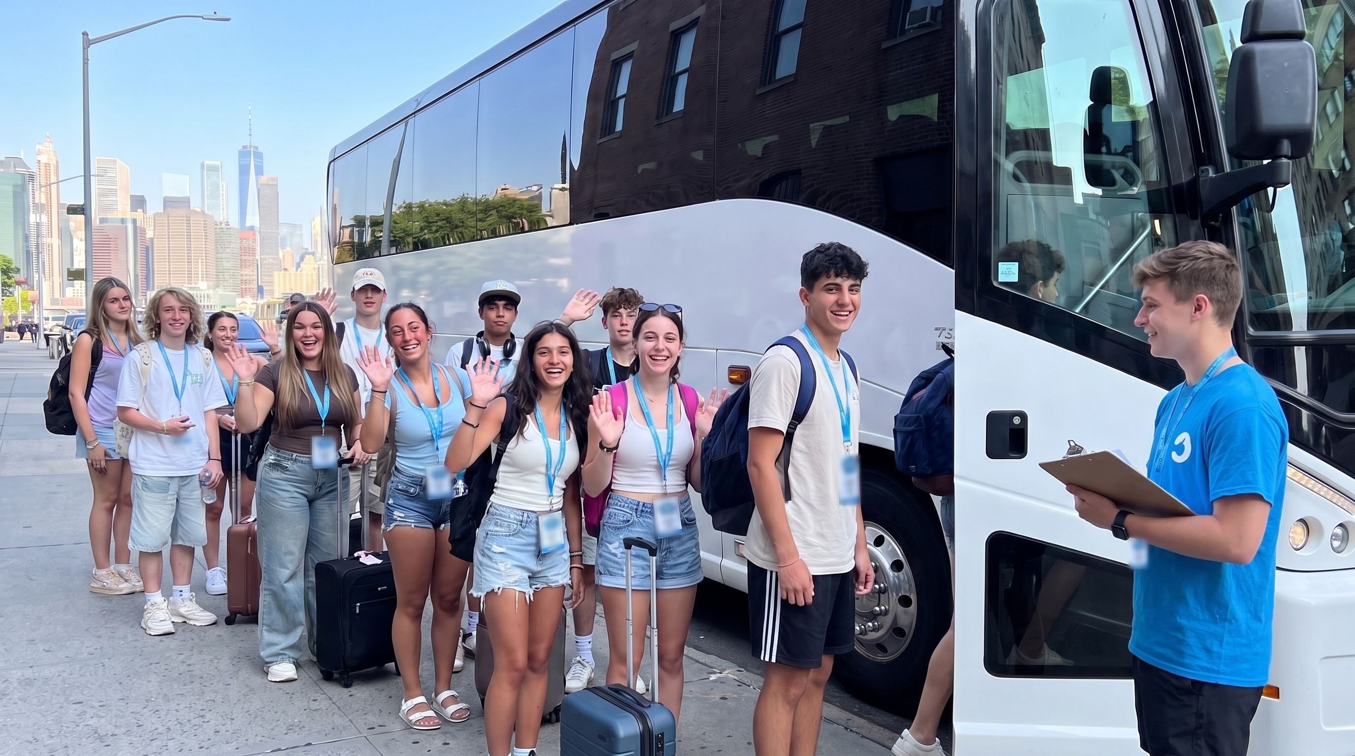 A YES USA group with suitcases boarding a coach in New York, with a group leader holding a clipboard