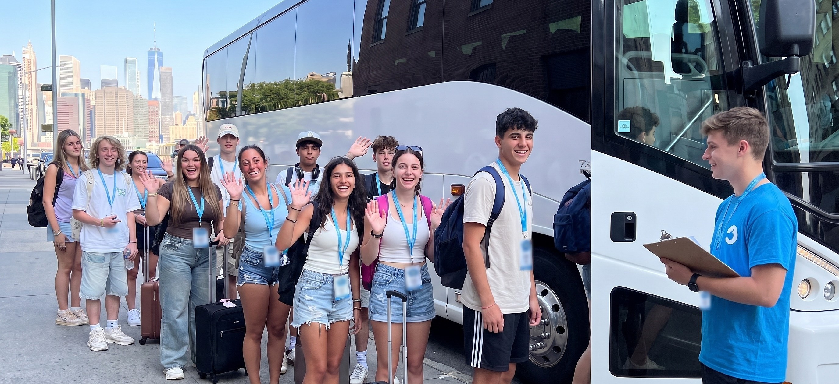 A YES USA group with suitcases boarding a coach in New York, with a group leader holding a clipboard