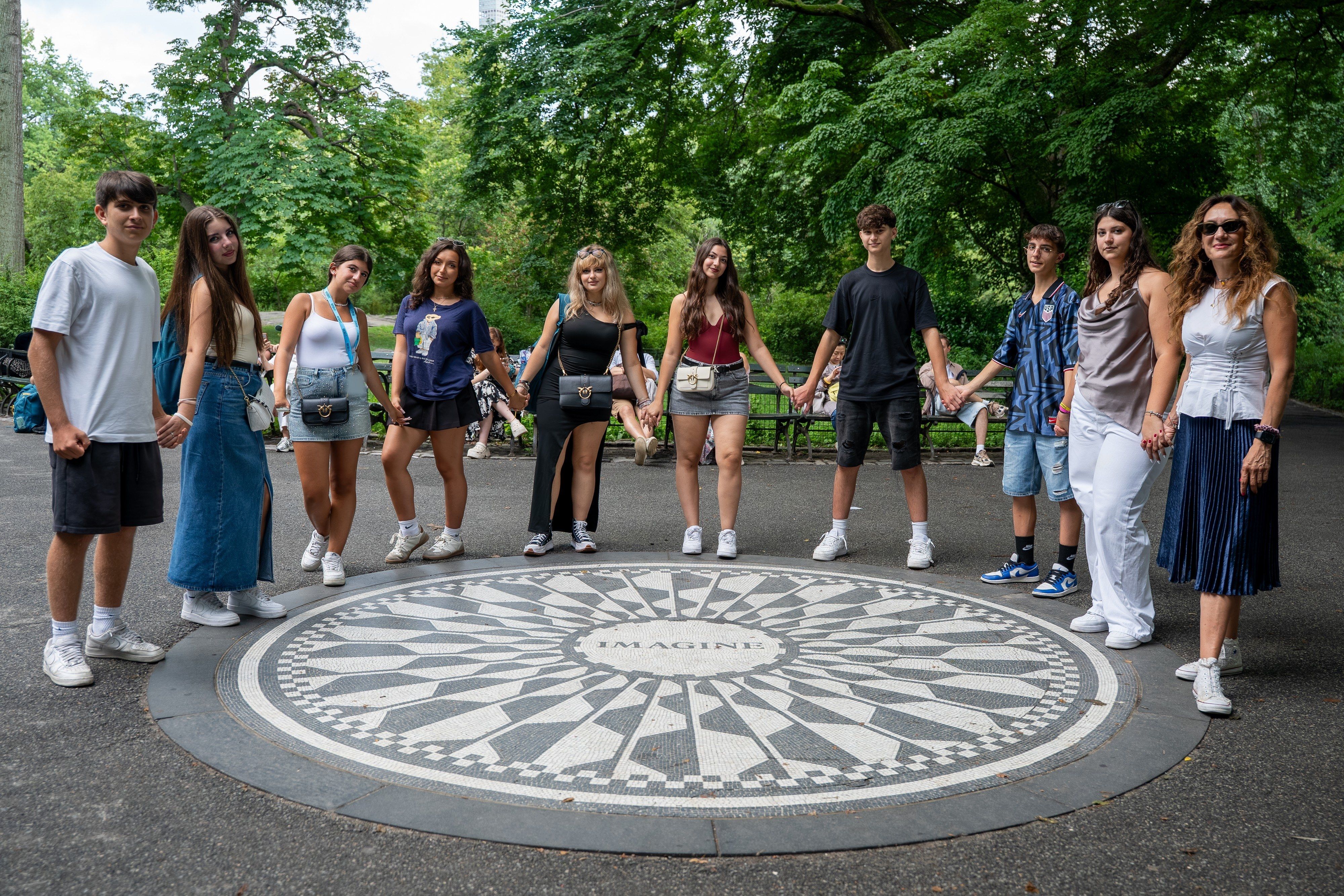 YES USA students around the Imagine mosaic in Central Park, New York