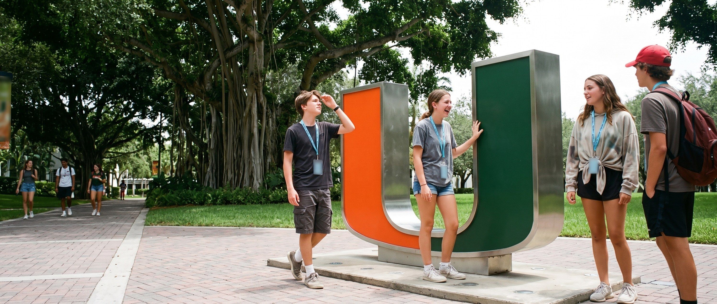 Students with YES USA lanyards at the orange-and-green U sculpture on the University of Miami campus