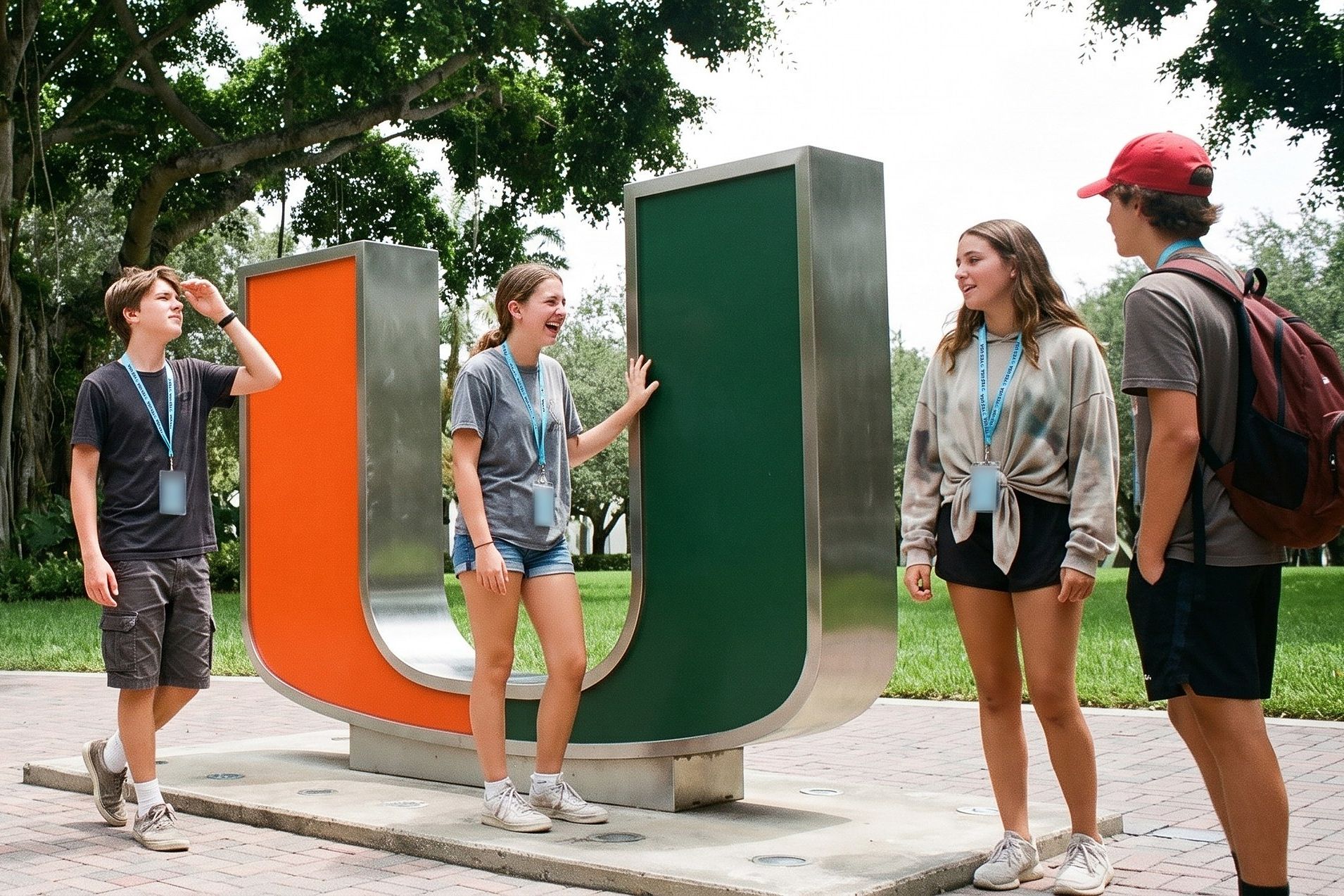 Students with YES USA lanyards at the orange-and-green U sculpture on the University of Miami campus