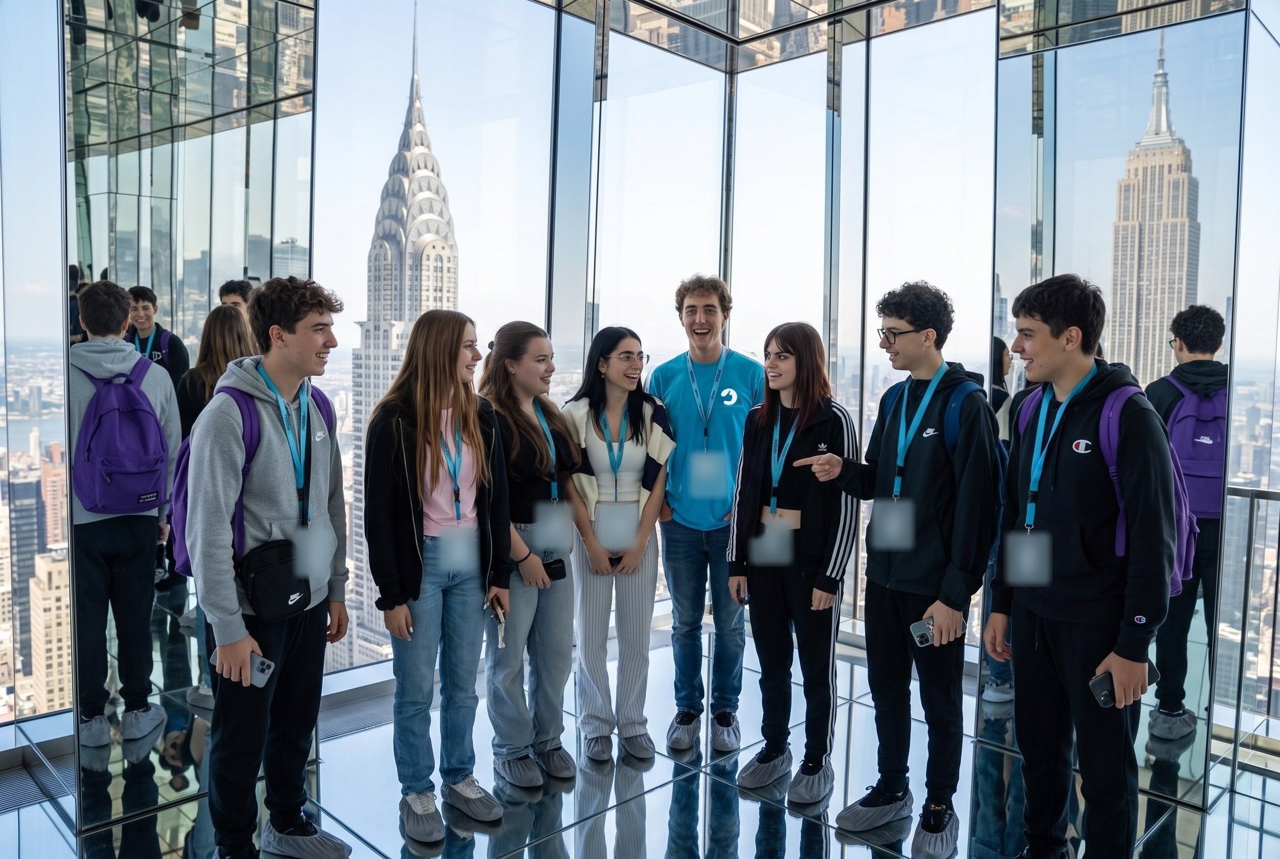A YES USA group and their group leader in the mirrored room at SUMMIT One Vanderbilt, with the Chrysler and Empire State buildings behind