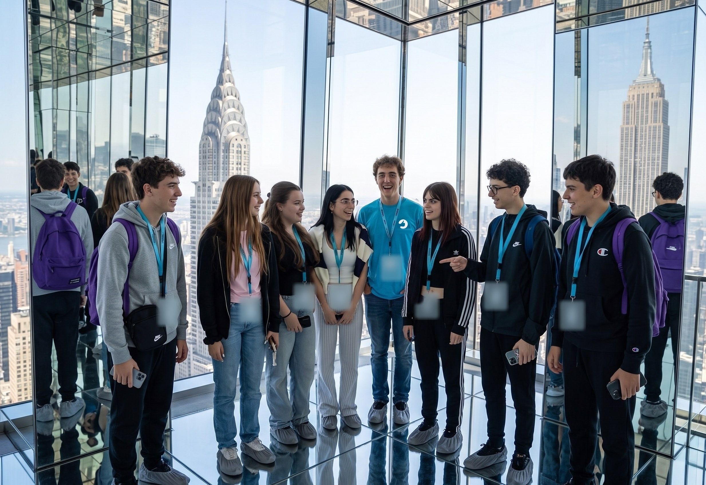 A YES USA group and their group leader in the mirrored room at SUMMIT One Vanderbilt, with the Chrysler and Empire State buildings behind