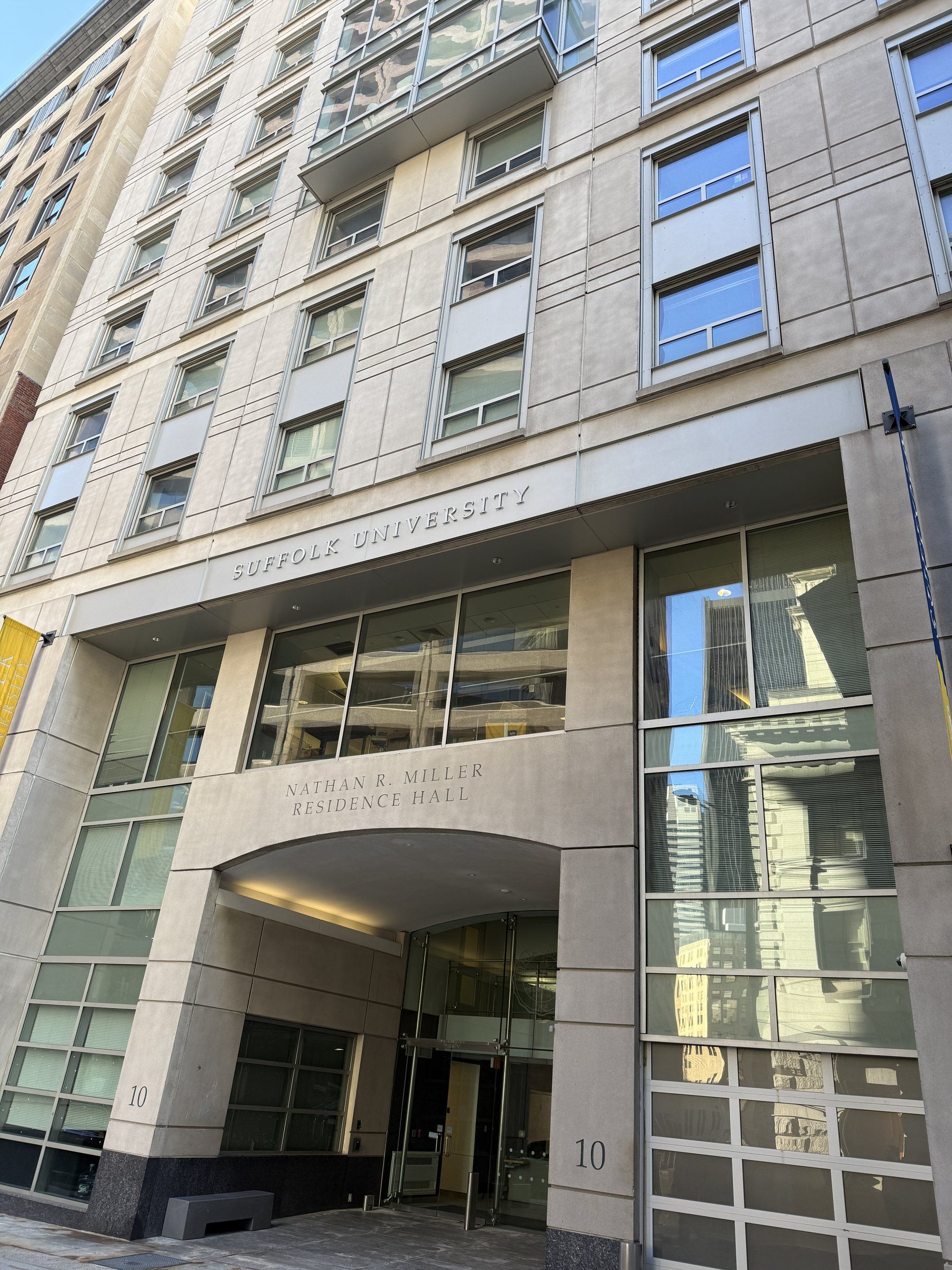Entrance of Suffolk University's Nathan R. Miller Residence Hall in Boston